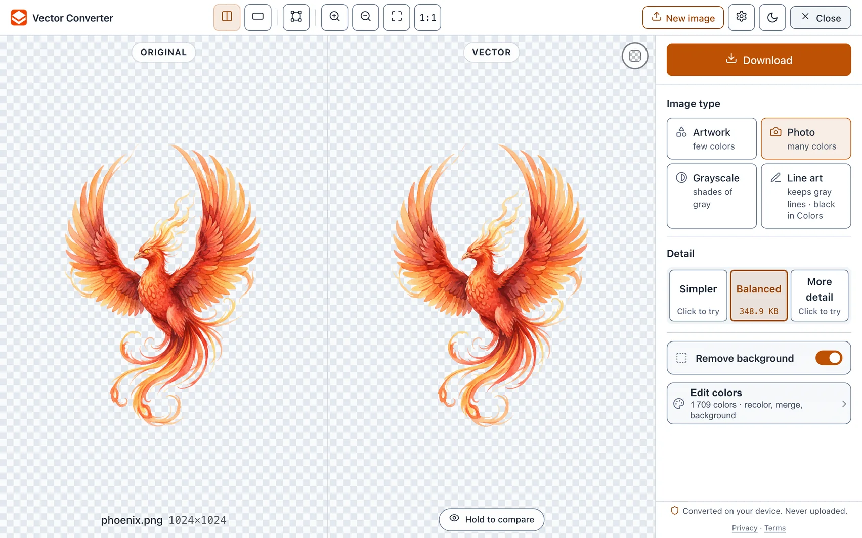 The converter: the original and the traced vector side by side, with Image type, Detail and Edit colors on the right