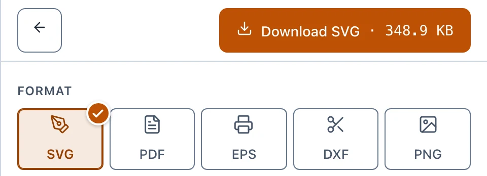 The Download button for the chosen format above a row of formats: SVG, PDF, EPS, DXF and PNG