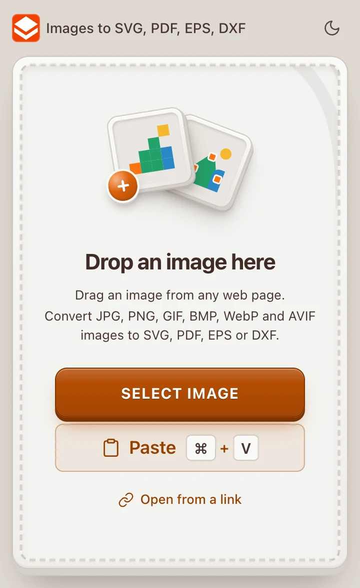 The Vector Converter side panel: Drop an image here, Select image, Paste and Open from a link