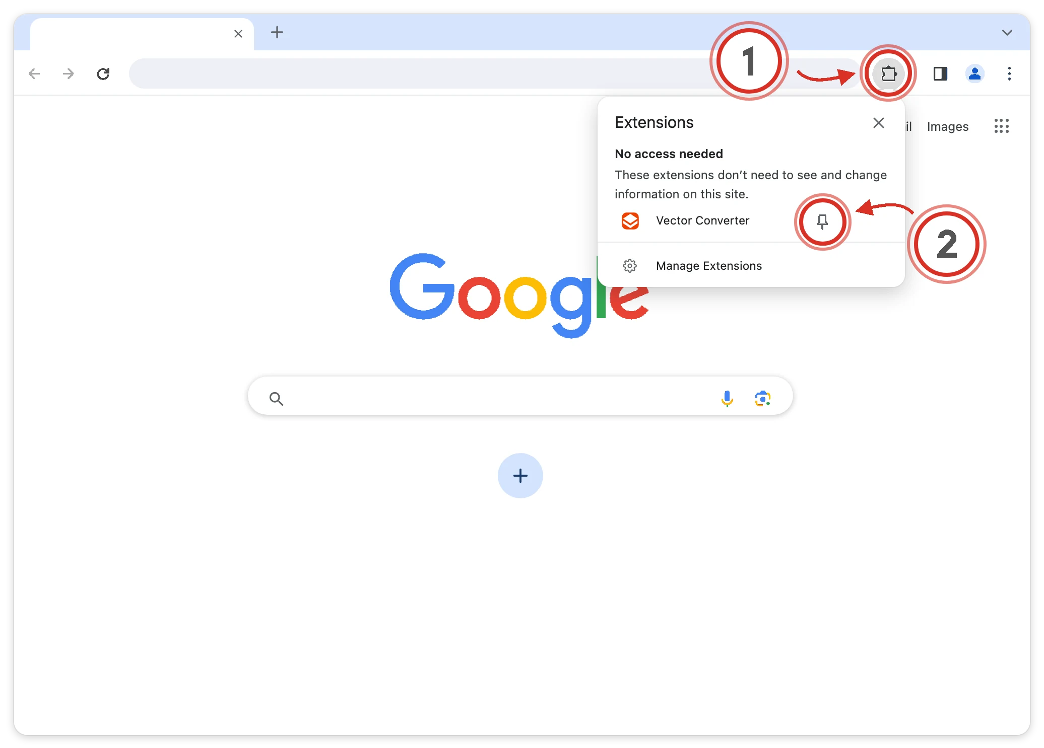 The browser toolbar with the puzzle piece marked 1, and the extensions menu below it with the pin beside Vector Converter marked 2